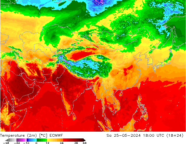 mapa temperatury (2m) ECMWF so. 25.05.2024 18 UTC