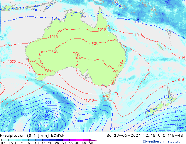 Precipitation (6h) ECMWF Su 26.05.2024 18 UTC