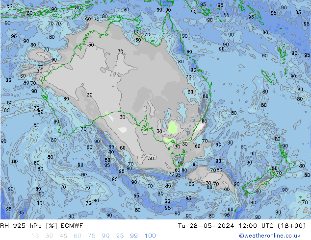 RH 925 hPa ECMWF Tu 28.05.2024 12 UTC