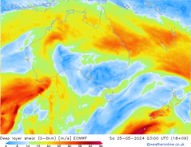 Deep layer shear (0-6km) ECMWF Sa 25.05.2024 03 UTC