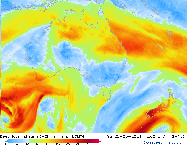 Deep layer shear (0-6km) ECMWF Sa 25.05.2024 12 UTC