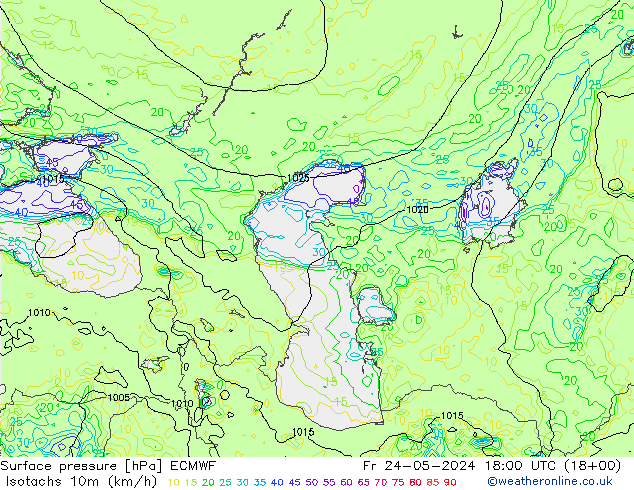 Isotachs (kph) ECMWF Pá 24.05.2024 18 UTC