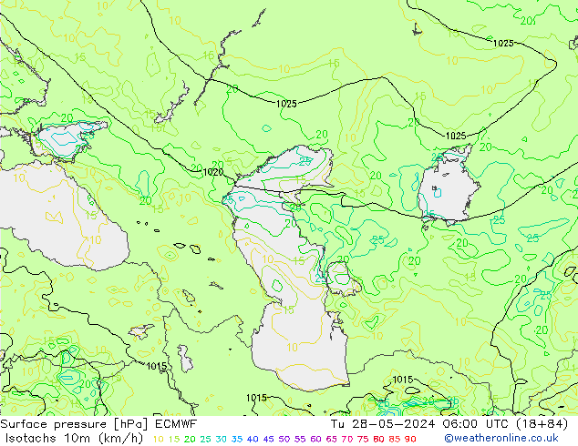 Izotacha (km/godz) ECMWF wto. 28.05.2024 06 UTC