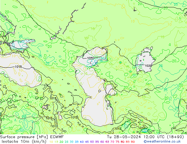 Isotaca (kph) ECMWF mar 28.05.2024 12 UTC