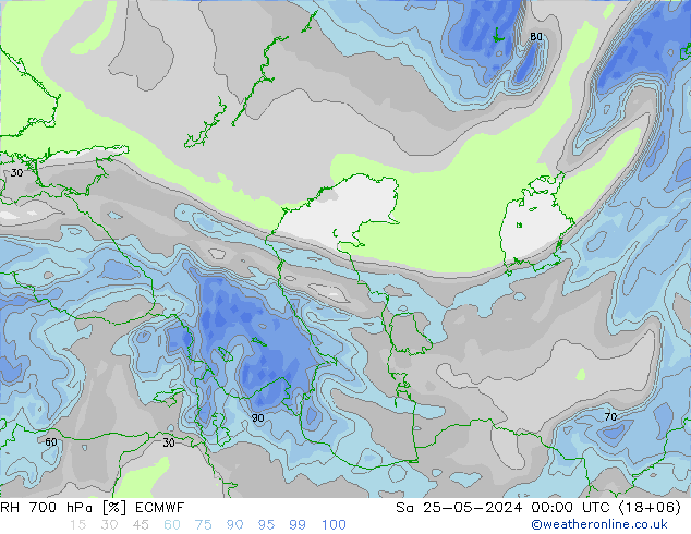 RH 700 гПа ECMWF сб 25.05.2024 00 UTC