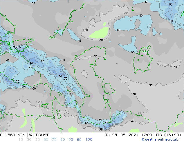 Humedad rel. 850hPa ECMWF mar 28.05.2024 12 UTC