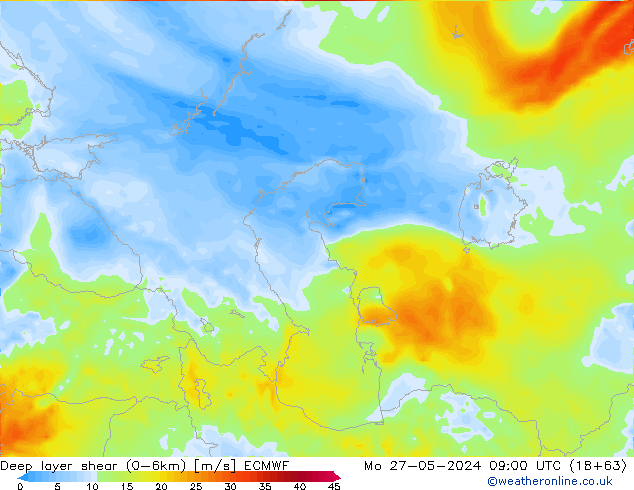 Deep layer shear (0-6km) ECMWF Mo 27.05.2024 09 UTC