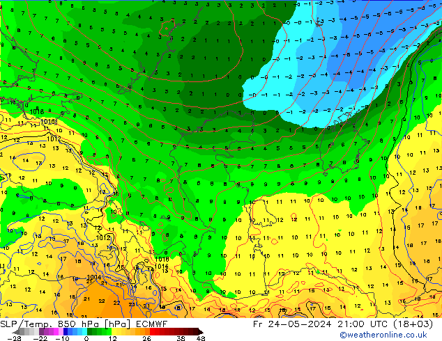 SLP/Temp. 850 hPa ECMWF Pá 24.05.2024 21 UTC