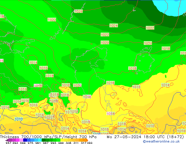 Thck 700-1000 hPa ECMWF Mo 27.05.2024 18 UTC