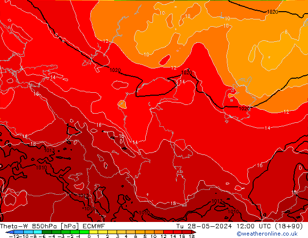 Theta-W 850hPa ECMWF Út 28.05.2024 12 UTC