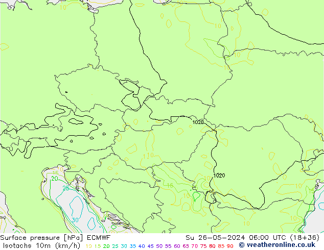 Isotachs (kph) ECMWF Su 26.05.2024 06 UTC