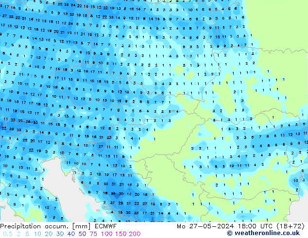 Précipitation accum. ECMWF lun 27.05.2024 18 UTC