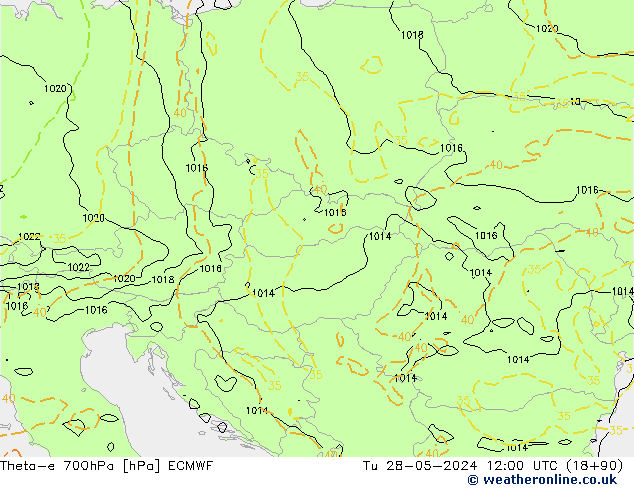 Theta-e 700hPa ECMWF Tu 28.05.2024 12 UTC