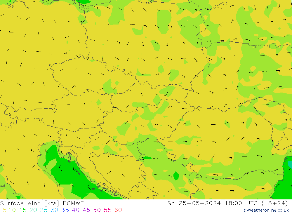 wiatr 10 m ECMWF so. 25.05.2024 18 UTC