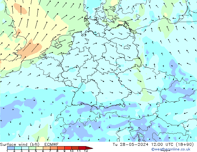 Surface wind (bft) ECMWF Út 28.05.2024 12 UTC