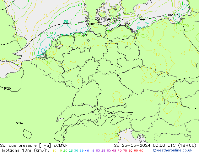 Isotachs (kph) ECMWF Sa 25.05.2024 00 UTC