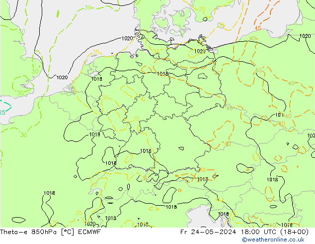 Theta-e 850hPa ECMWF ven 24.05.2024 18 UTC