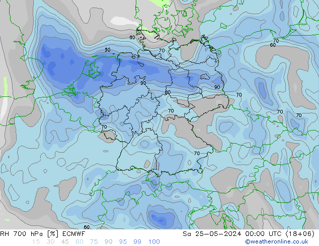 RH 700 hPa ECMWF Sa 25.05.2024 00 UTC