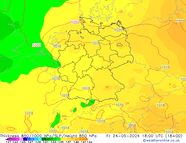 Espesor 850-1000 hPa ECMWF vie 24.05.2024 18 UTC