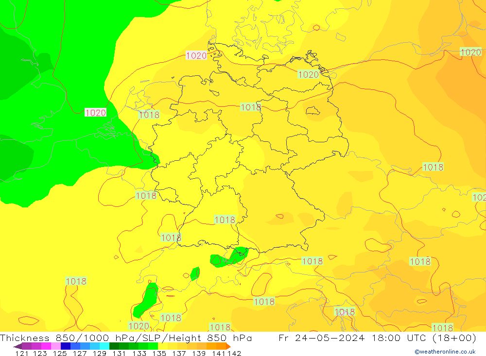 Espesor 850-1000 hPa ECMWF vie 24.05.2024 18 UTC