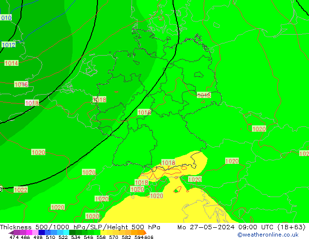 Thck 500-1000hPa ECMWF Mo 27.05.2024 09 UTC