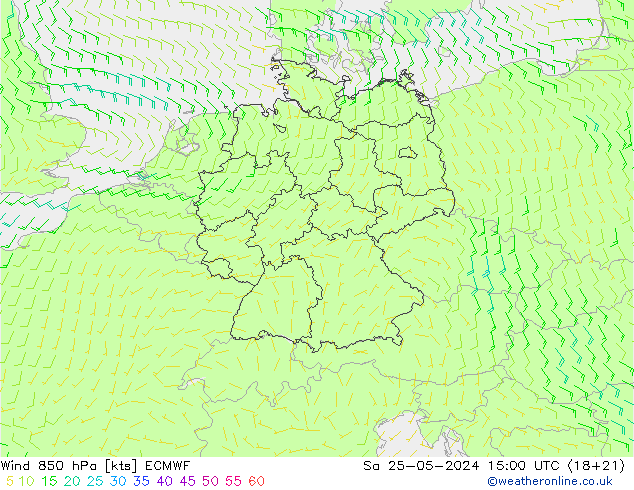 Vent 850 hPa ECMWF sam 25.05.2024 15 UTC