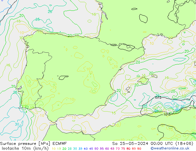 Isotachs (kph) ECMWF Sa 25.05.2024 00 UTC