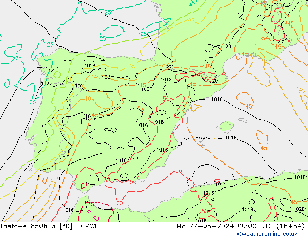 Theta-e 850hPa ECMWF pon. 27.05.2024 00 UTC