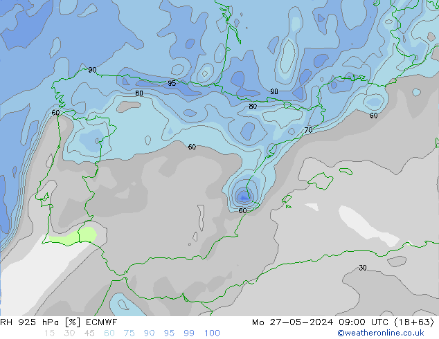 RH 925 hPa ECMWF Mo 27.05.2024 09 UTC