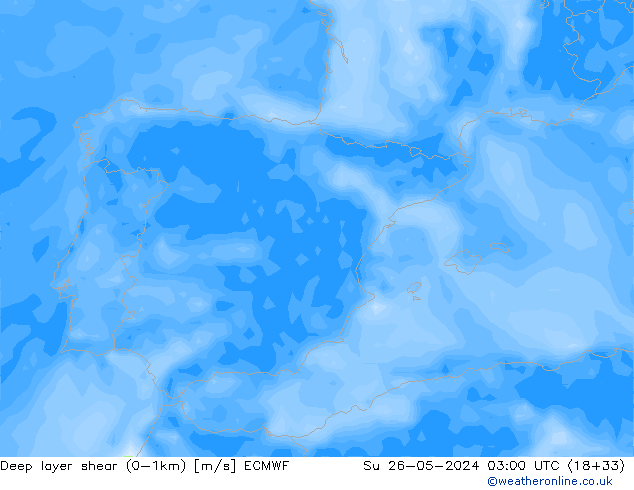 Deep layer shear (0-1km) ECMWF Su 26.05.2024 03 UTC