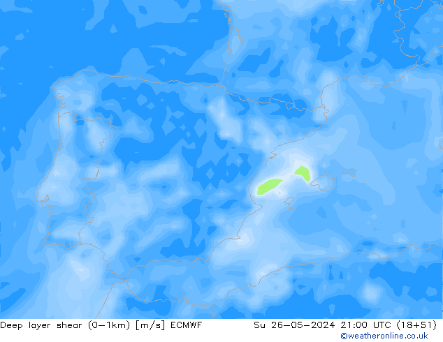 Deep layer shear (0-1km) ECMWF Su 26.05.2024 21 UTC