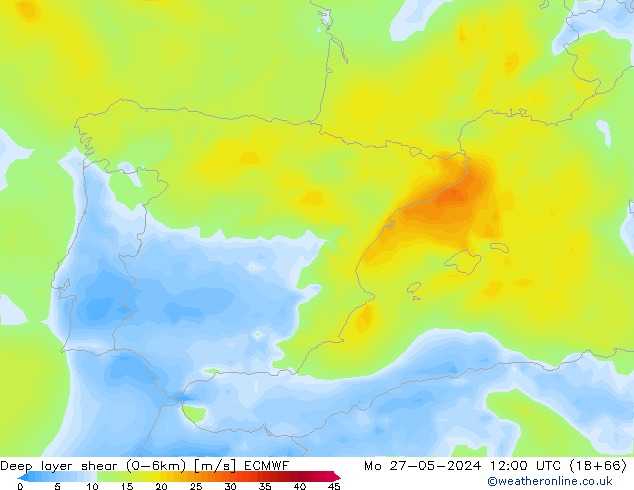 Deep layer shear (0-6km) ECMWF ma 27.05.2024 12 UTC