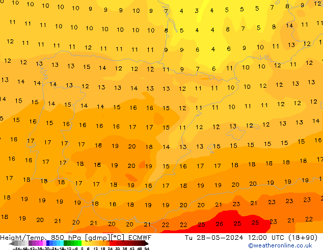 Hoogte/Temp. 850 hPa ECMWF di 28.05.2024 12 UTC