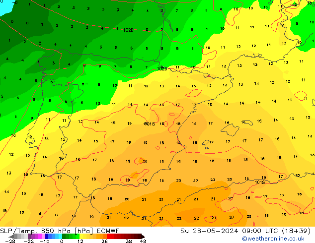 SLP/Temp. 850 hPa ECMWF dom 26.05.2024 09 UTC