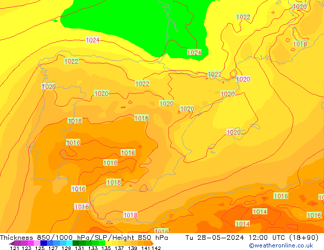 Thck 850-1000 hPa ECMWF mar 28.05.2024 12 UTC