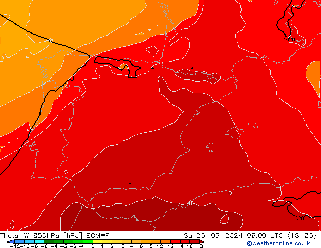 Theta-W 850гПа ECMWF Вс 26.05.2024 06 UTC