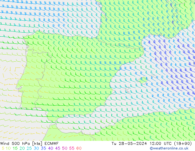 Wind 500 hPa ECMWF Tu 28.05.2024 12 UTC