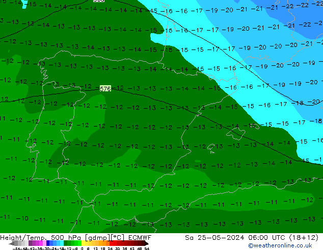 Hoogte/Temp. 500 hPa ECMWF za 25.05.2024 06 UTC