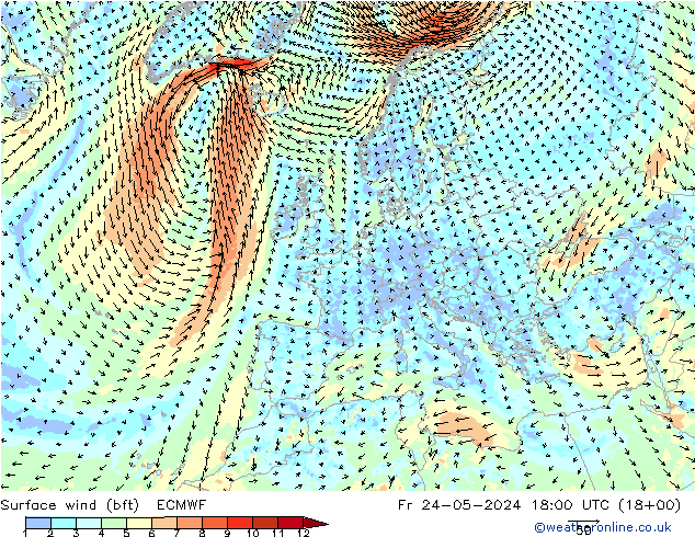 Bodenwind (bft) ECMWF Fr 24.05.2024 18 UTC