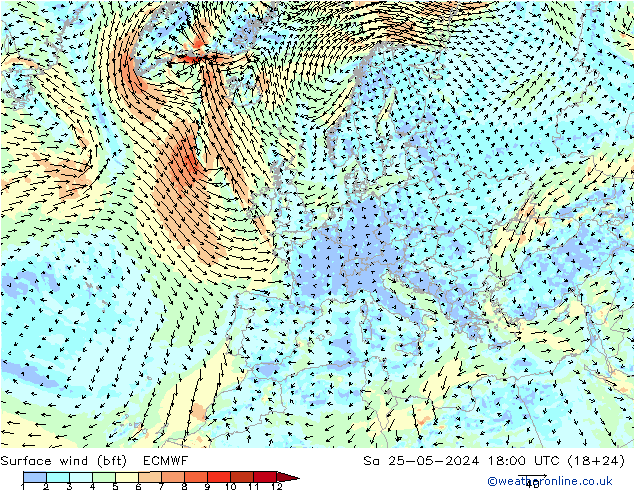 Bodenwind (bft) ECMWF Sa 25.05.2024 18 UTC