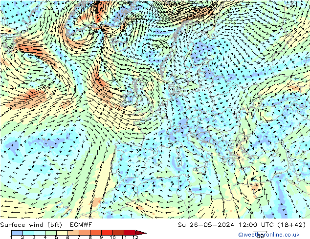 Surface wind (bft) ECMWF Ne 26.05.2024 12 UTC
