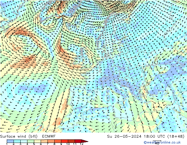 Bodenwind (bft) ECMWF So 26.05.2024 18 UTC