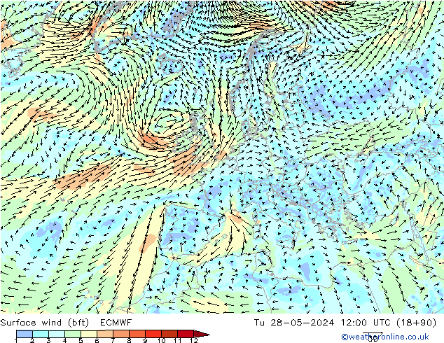 Viento 10 m (bft) ECMWF mar 28.05.2024 12 UTC