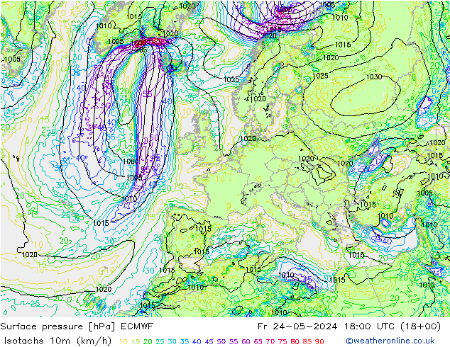 Isotachs (kph) ECMWF  24.05.2024 18 UTC