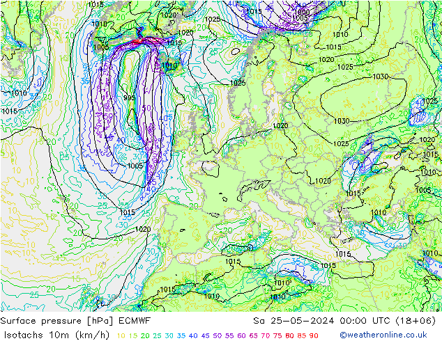 Isotachs (kph) ECMWF  25.05.2024 00 UTC