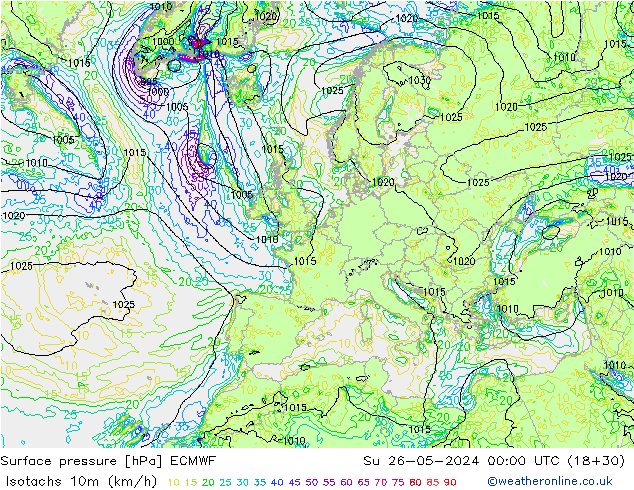 Isotachs (kph) ECMWF Dom 26.05.2024 00 UTC