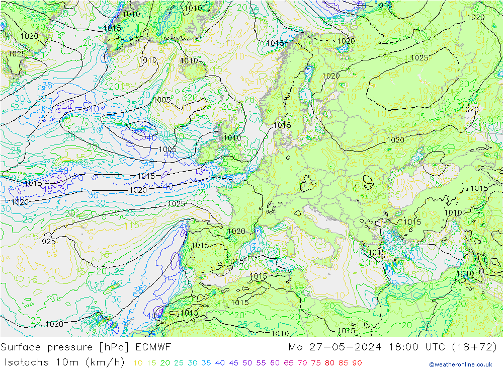 Isotachen (km/h) ECMWF Mo 27.05.2024 18 UTC