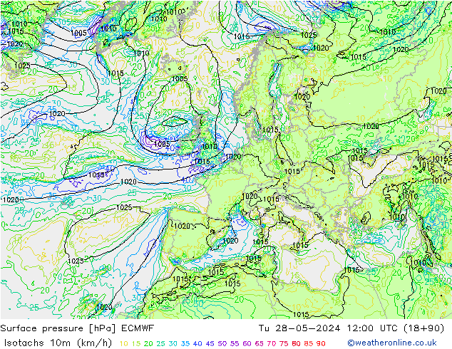 Isotachen (km/h) ECMWF Di 28.05.2024 12 UTC