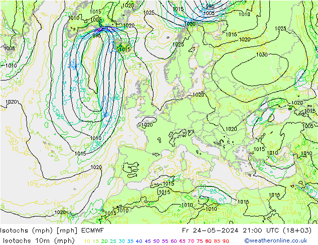 Isotachs (mph) ECMWF Fr 24.05.2024 21 UTC