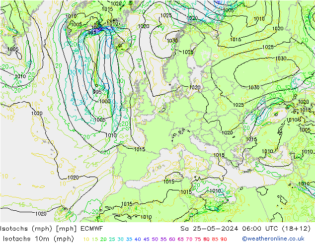 Isotachen (mph) ECMWF Sa 25.05.2024 06 UTC